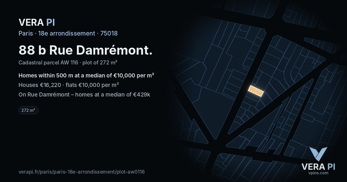 88 b Rue Damrémont, 18e arrondissement at night – the plot lit, the parcels around coloured by the prices near them