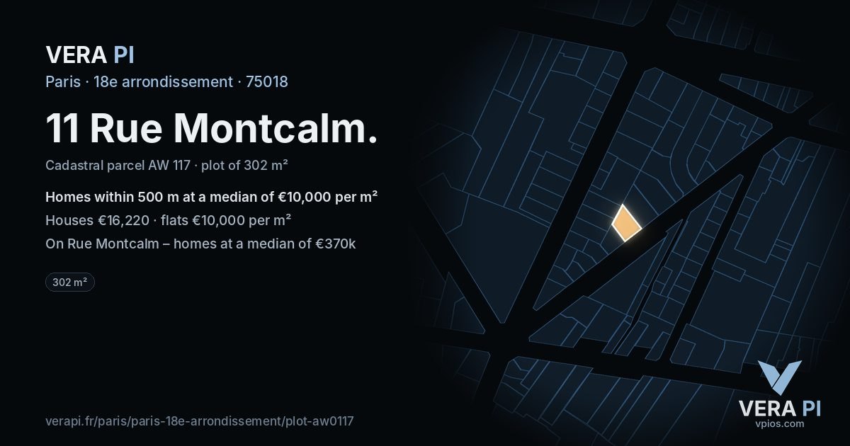 11 Rue Montcalm, 18e arrondissement at night – the plot lit, the parcels around coloured by the prices near them