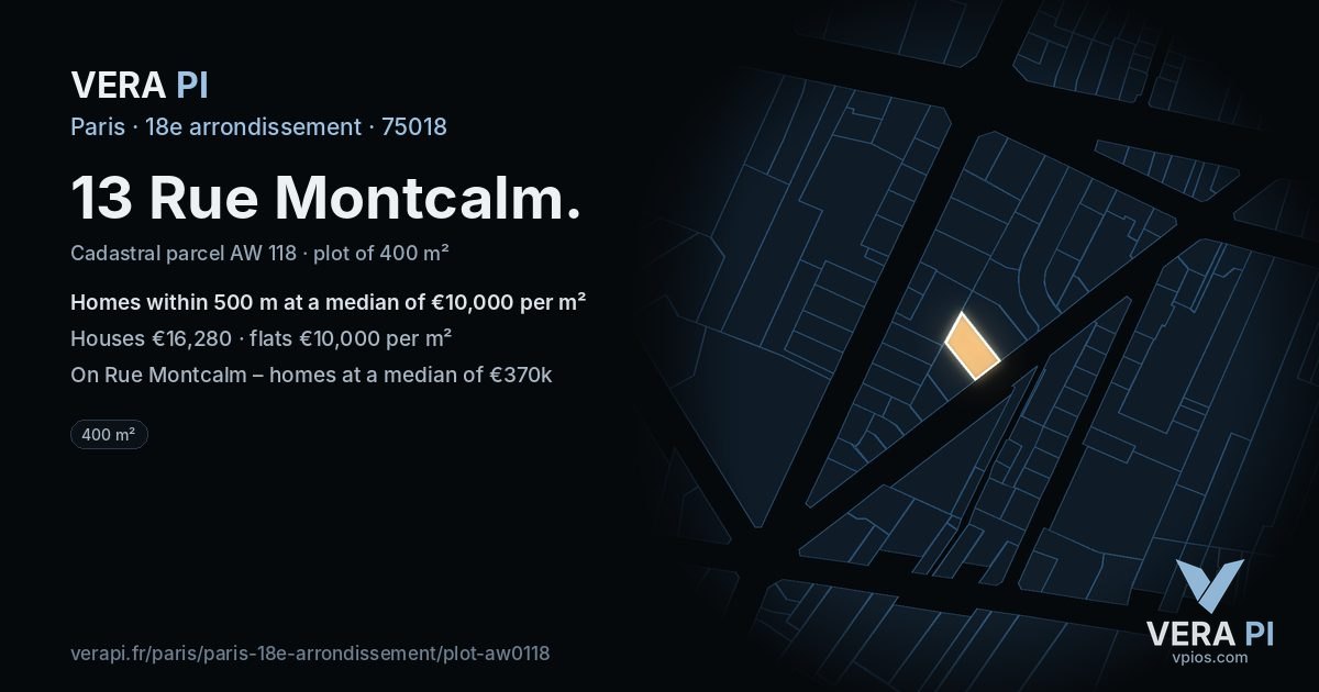 13 Rue Montcalm, 18e arrondissement at night – the plot lit, the parcels around coloured by the prices near them