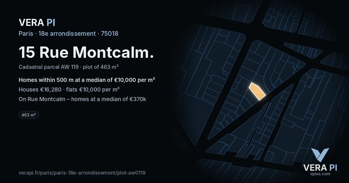 15 Rue Montcalm, 18e arrondissement at night – the plot lit, the parcels around coloured by the prices near them