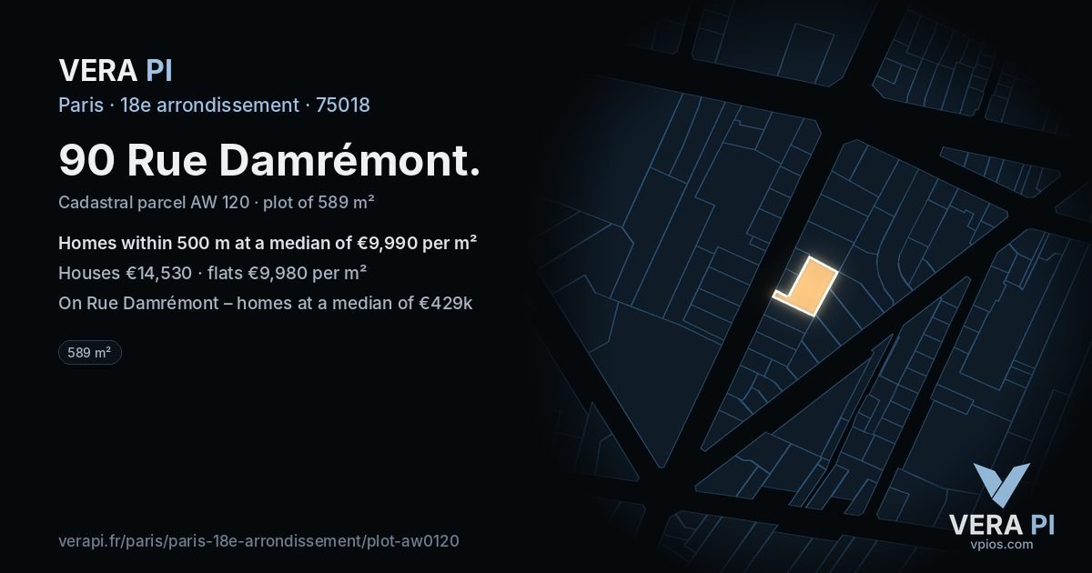 90 Rue Damrémont, 18e arrondissement at night – the plot lit, the parcels around coloured by the prices near them