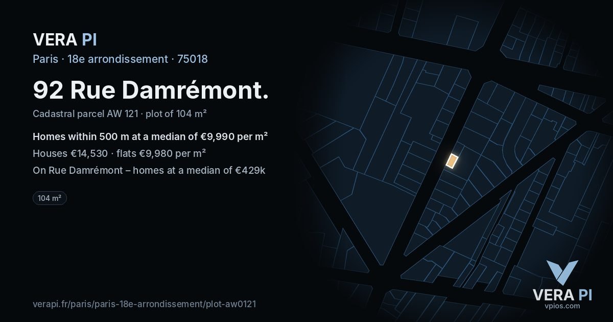 92 Rue Damrémont, 18e arrondissement at night – the plot lit, the parcels around coloured by the prices near them
