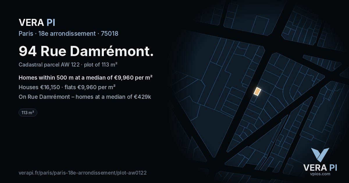 94 Rue Damrémont, 18e arrondissement at night – the plot lit, the parcels around coloured by the prices near them
