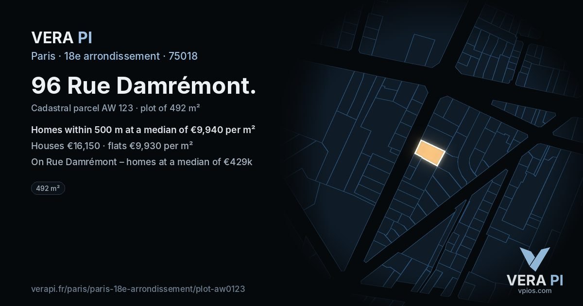 96 Rue Damrémont, 18e arrondissement at night – the plot lit, the parcels around coloured by the prices near them