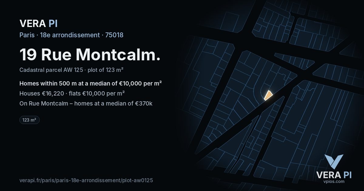 19 Rue Montcalm, 18e arrondissement at night – the plot lit, the parcels around coloured by the prices near them