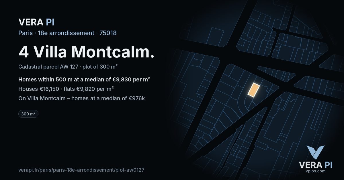 4 Villa Montcalm, 18e arrondissement at night – the plot lit, the parcels around coloured by the prices near them