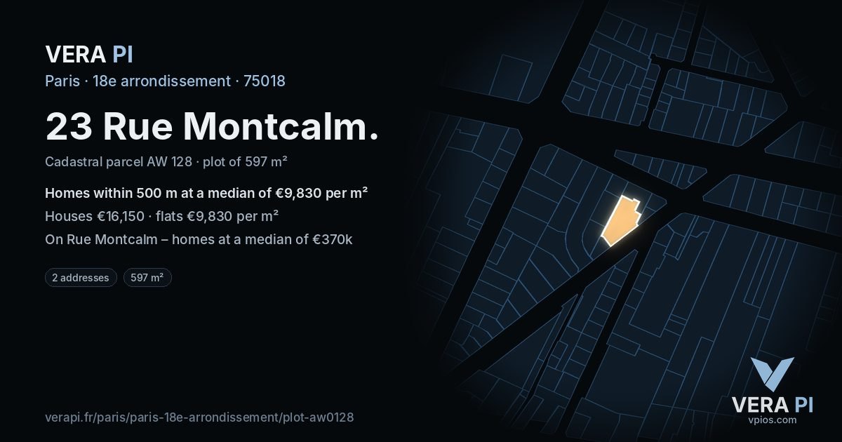 23 Rue Montcalm, 18e arrondissement at night – the plot lit, the parcels around coloured by the prices near them