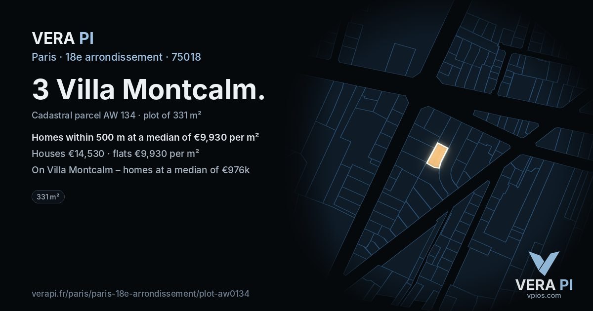 3 Villa Montcalm, 18e arrondissement at night – the plot lit, the parcels around coloured by the prices near them