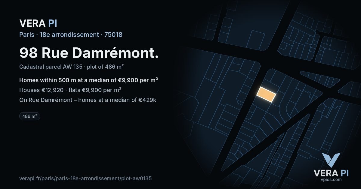98 Rue Damrémont, 18e arrondissement at night – the plot lit, the parcels around coloured by the prices near them