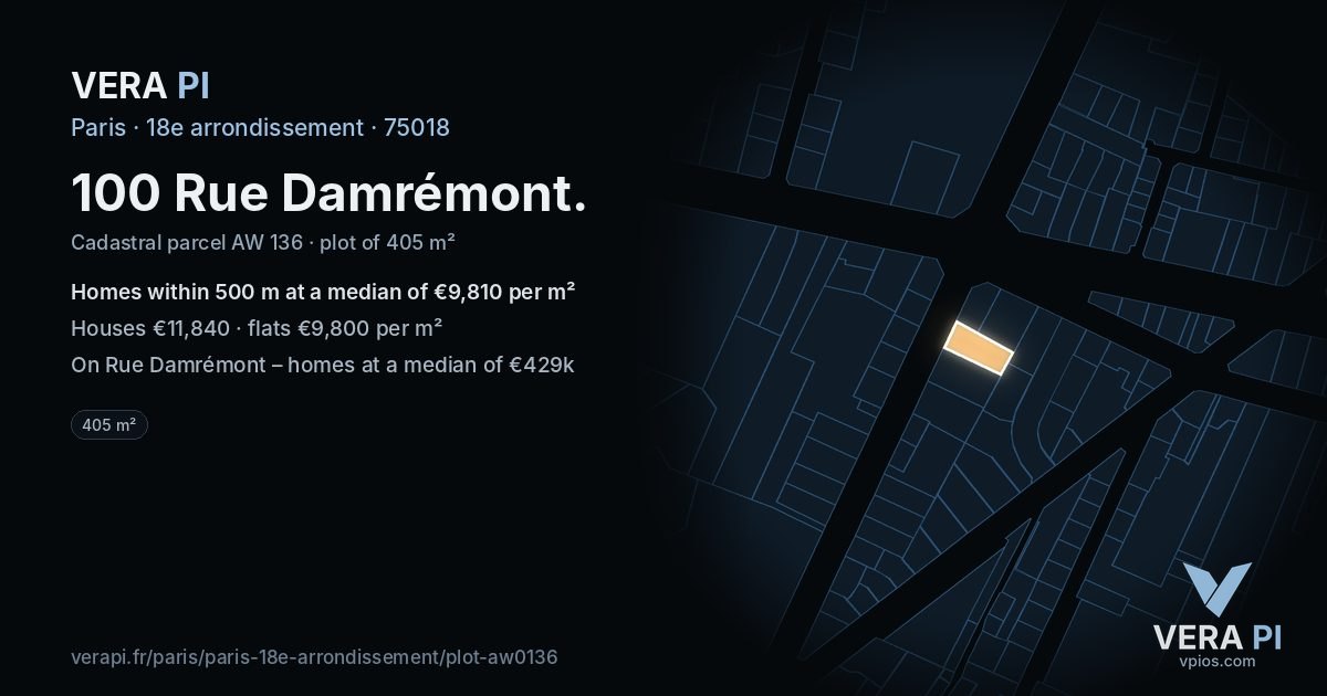 100 Rue Damrémont, 18e arrondissement at night – the plot lit, the parcels around coloured by the prices near them