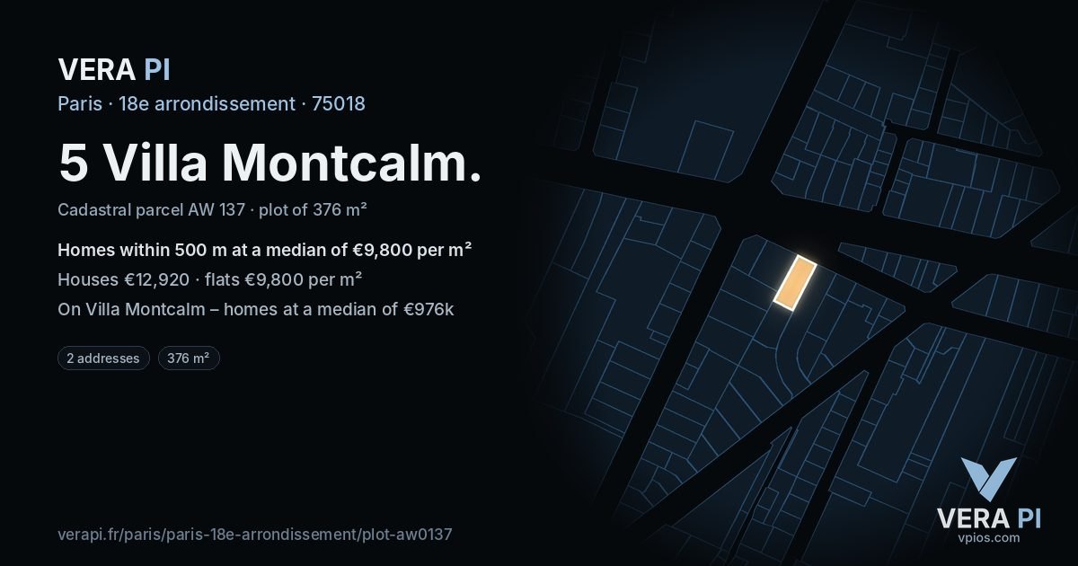5 Villa Montcalm, 18e arrondissement at night – the plot lit, the parcels around coloured by the prices near them