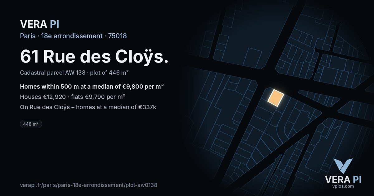 61 Rue des Cloÿs, 18e arrondissement at night – the plot lit, the parcels around coloured by the prices near them