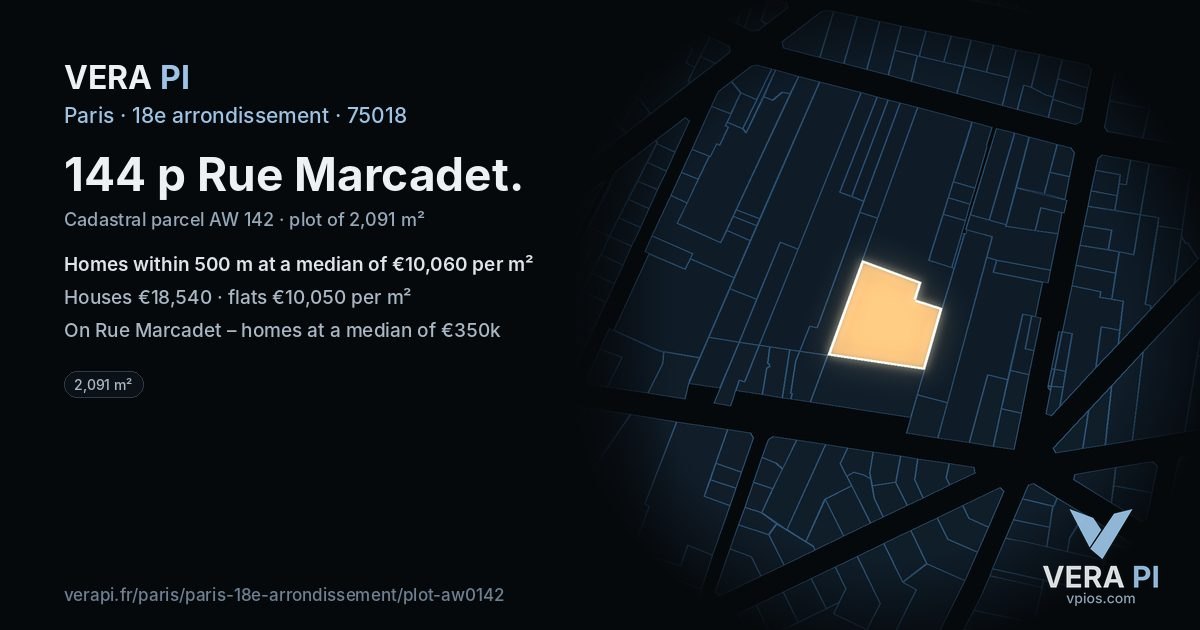 144 p Rue Marcadet, 18e arrondissement at night – the plot lit, the parcels around coloured by the prices near them