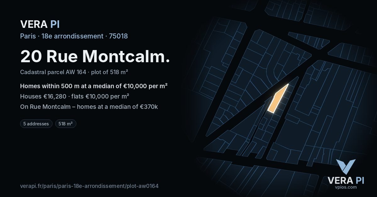 20 Rue Montcalm, 18e arrondissement at night – the plot lit, the parcels around coloured by the prices near them