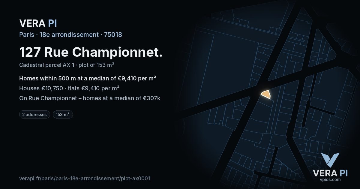 127 Rue Championnet, 18e arrondissement at night – the plot lit, the parcels around coloured by the prices near them
