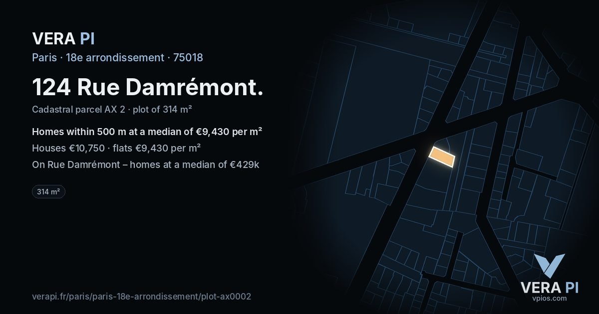 124 Rue Damrémont, 18e arrondissement at night – the plot lit, the parcels around coloured by the prices near them
