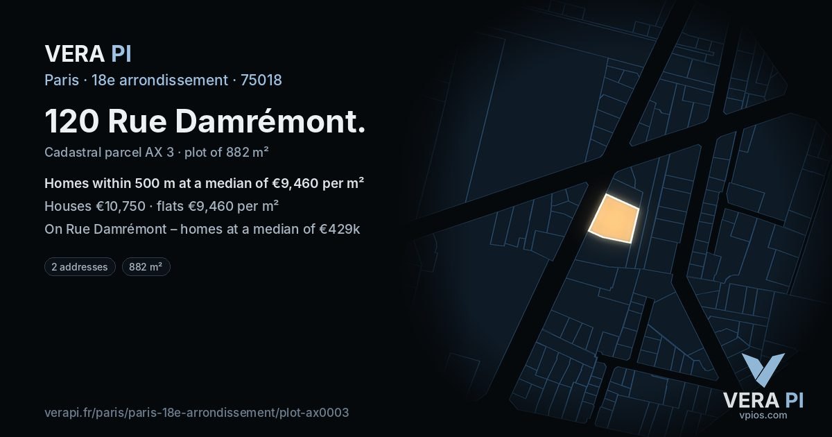 120 Rue Damrémont, 18e arrondissement at night – the plot lit, the parcels around coloured by the prices near them