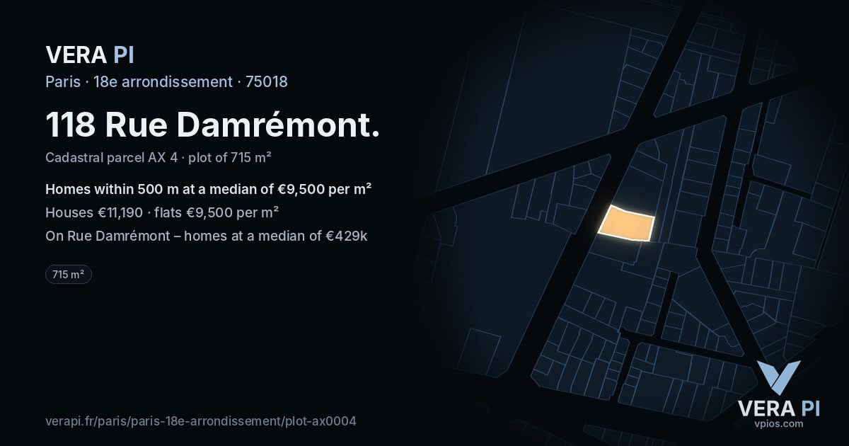 118 Rue Damrémont, 18e arrondissement at night – the plot lit, the parcels around coloured by the prices near them