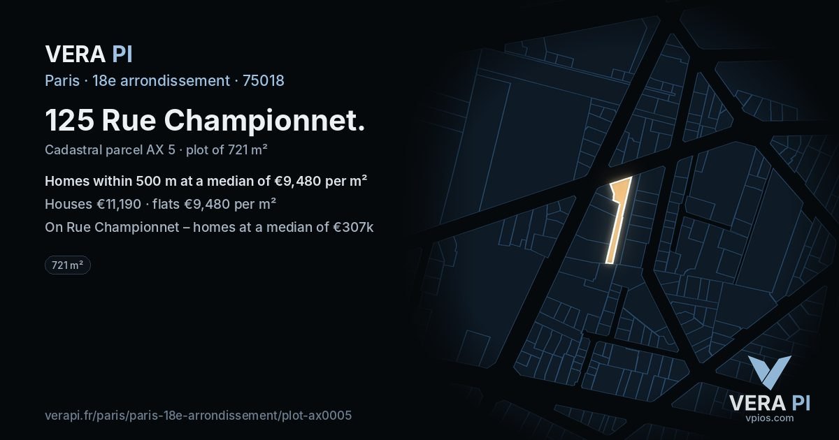 125 Rue Championnet, 18e arrondissement at night – the plot lit, the parcels around coloured by the prices near them
