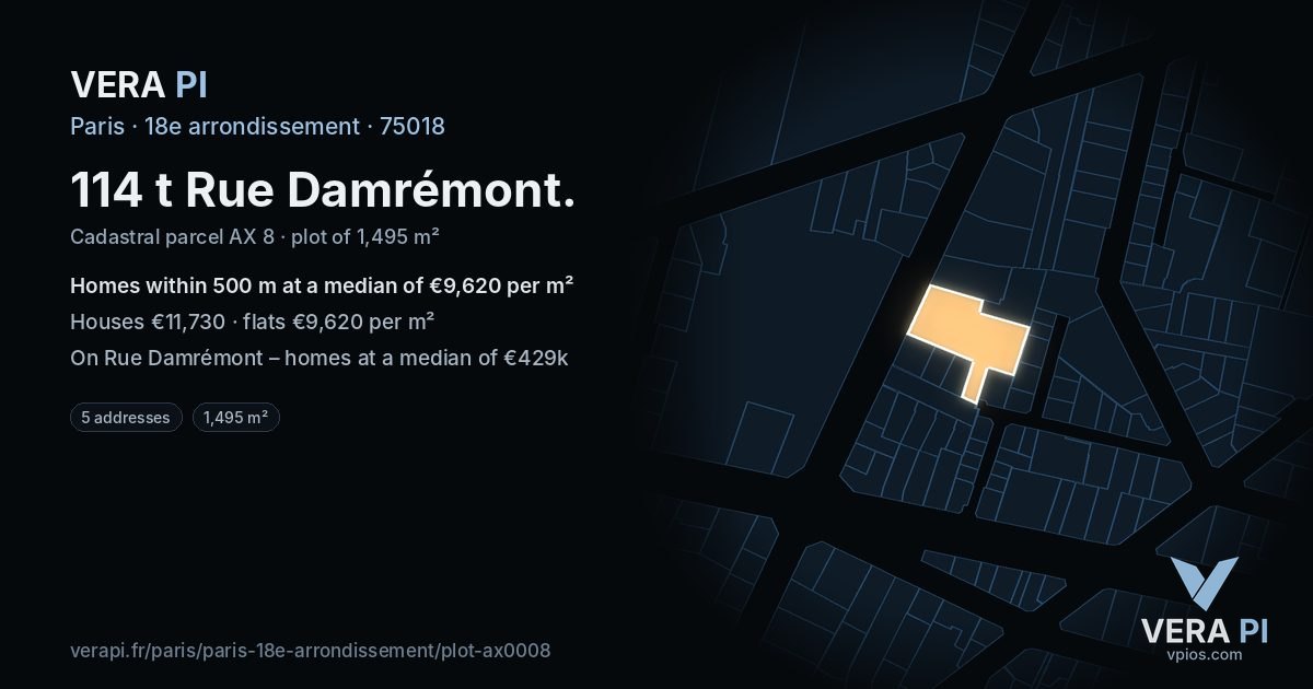 114 t Rue Damrémont, 18e arrondissement at night – the plot lit, the parcels around coloured by the prices near them
