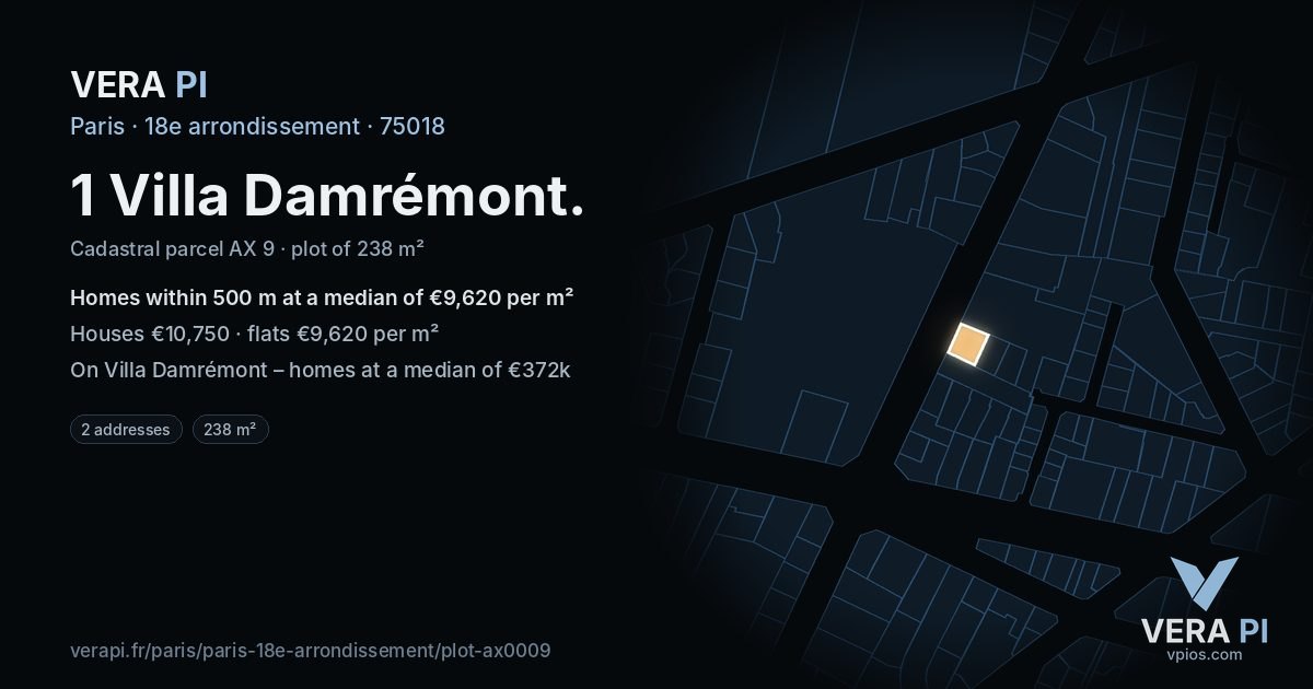 1 Villa Damrémont, 18e arrondissement at night – the plot lit, the parcels around coloured by the prices near them