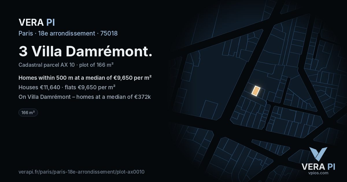 3 Villa Damrémont, 18e arrondissement at night – the plot lit, the parcels around coloured by the prices near them