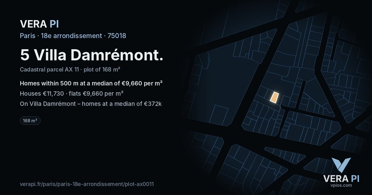 5 Villa Damrémont, 18e arrondissement at night – the plot lit, the parcels around coloured by the prices near them