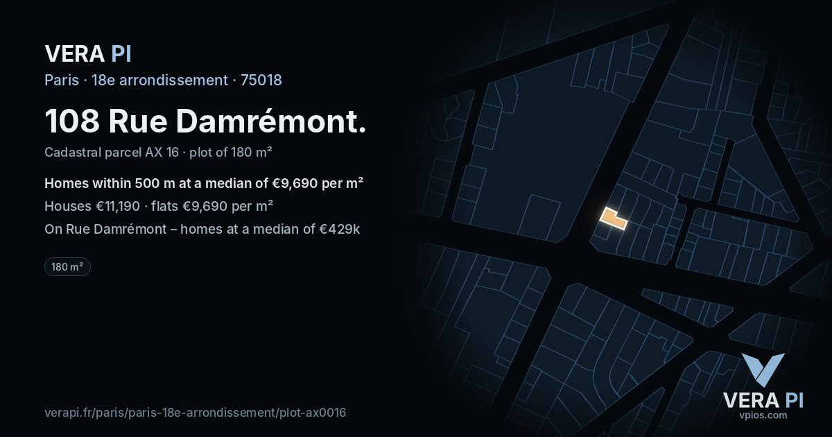 108 Rue Damrémont, 18e arrondissement at night – the plot lit, the parcels around coloured by the prices near them