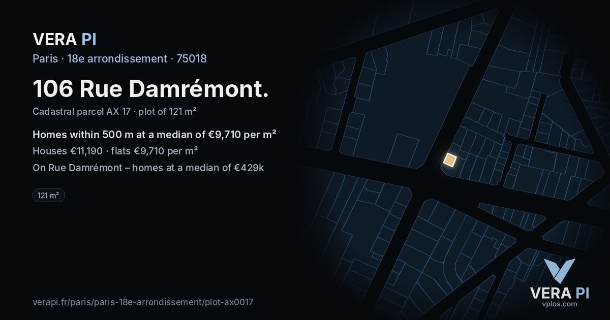 106 Rue Damrémont, 18e arrondissement at night – the plot lit, the parcels around coloured by the prices near them