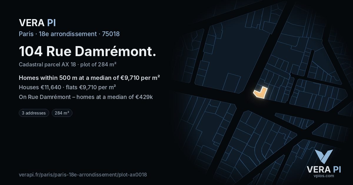 104 Rue Damrémont, 18e arrondissement at night – the plot lit, the parcels around coloured by the prices near them