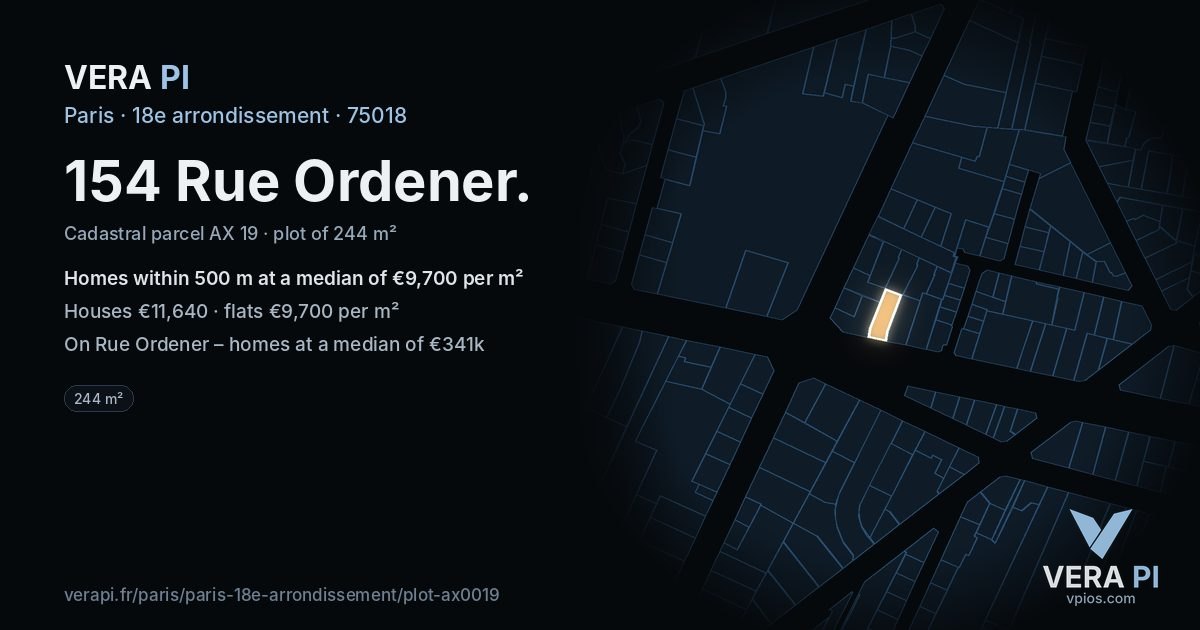 154 Rue Ordener, 18e arrondissement at night – the plot lit, the parcels around coloured by the prices near them