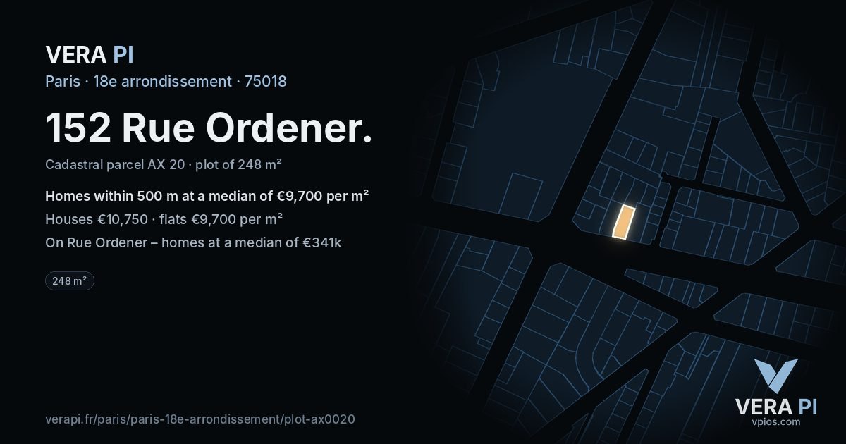 152 Rue Ordener, 18e arrondissement at night – the plot lit, the parcels around coloured by the prices near them