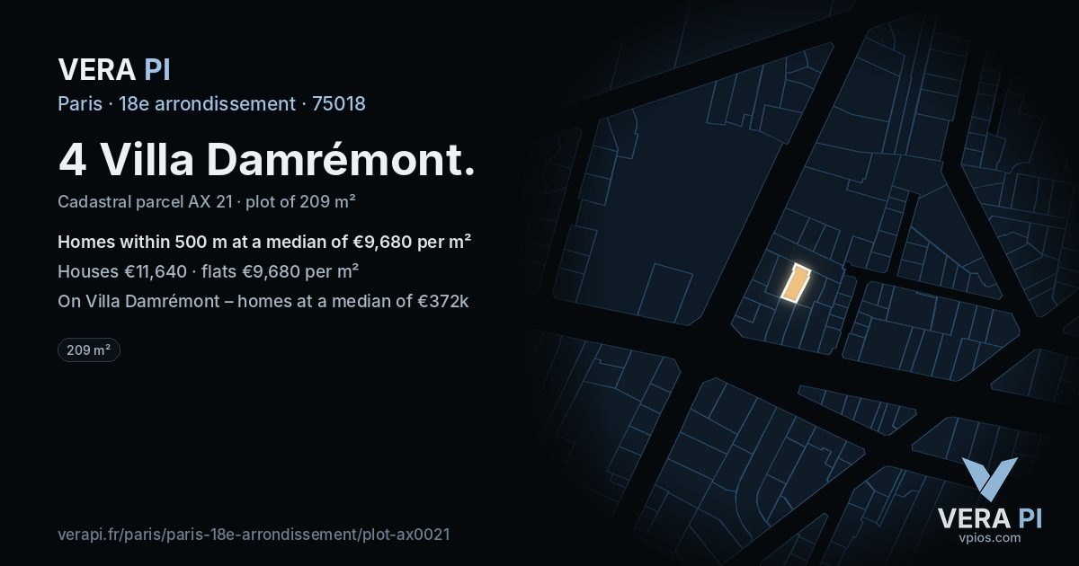 4 Villa Damrémont, 18e arrondissement at night – the plot lit, the parcels around coloured by the prices near them