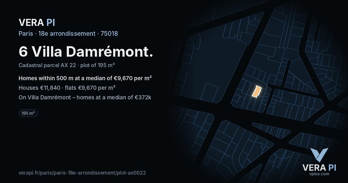 6 Villa Damrémont, 18e arrondissement at night – the plot lit, the parcels around coloured by the prices near them