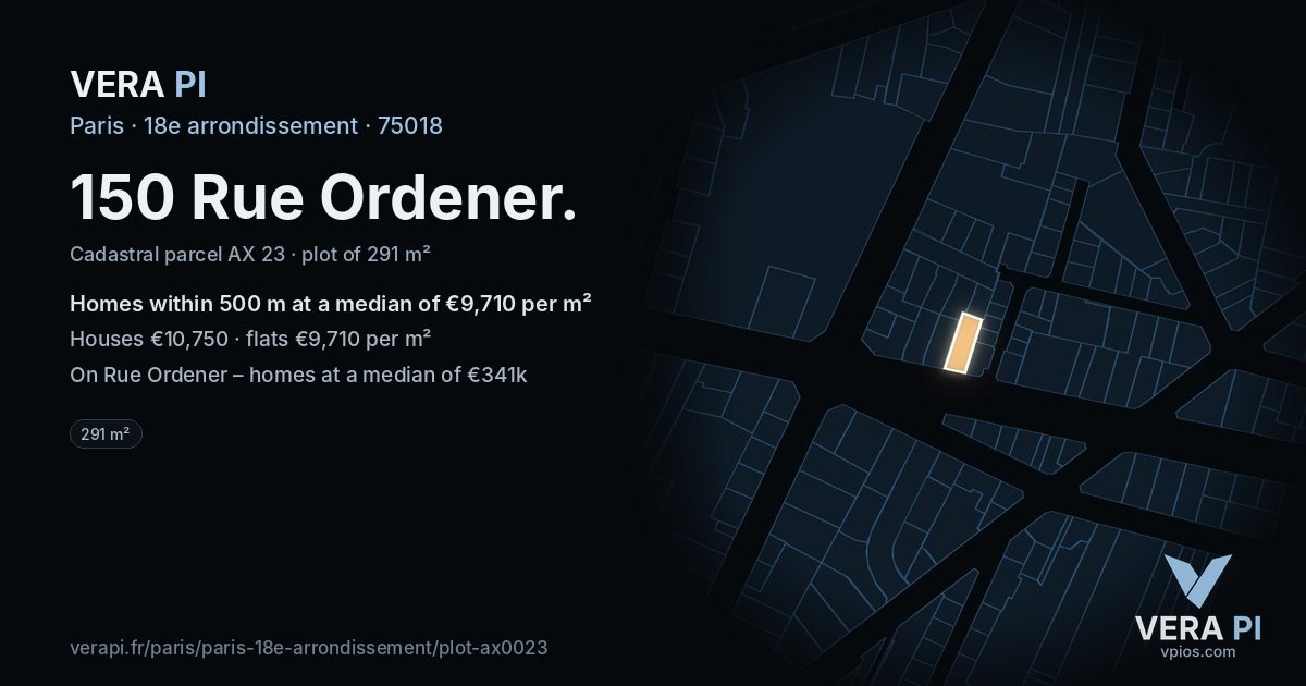 150 Rue Ordener, 18e arrondissement at night – the plot lit, the parcels around coloured by the prices near them