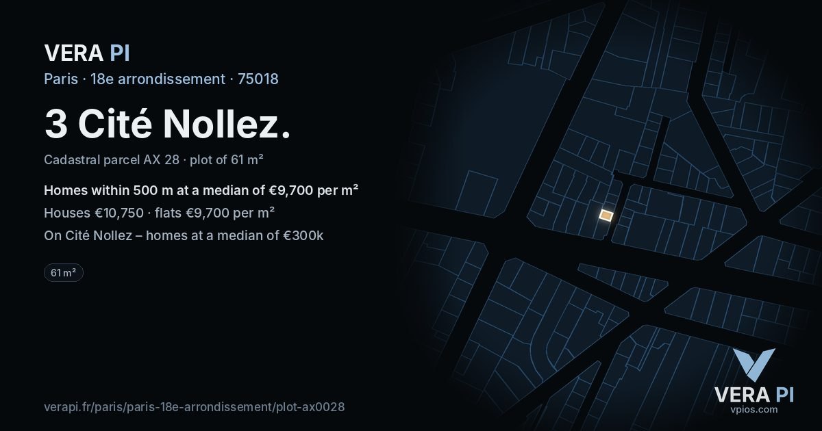 3 Cité Nollez, 18e arrondissement at night – the plot lit, the parcels around coloured by the prices near them