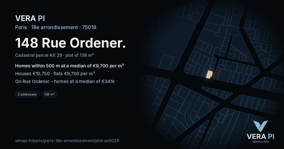 148 Rue Ordener, 18e arrondissement at night – the plot lit, the parcels around coloured by the prices near them