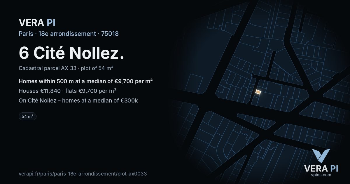 6 Cité Nollez, 18e arrondissement at night – the plot lit, the parcels around coloured by the prices near them