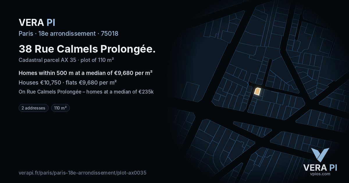 38 Rue Calmels Prolongée, 18e arrondissement at night – the plot lit, the parcels around coloured by the prices near them