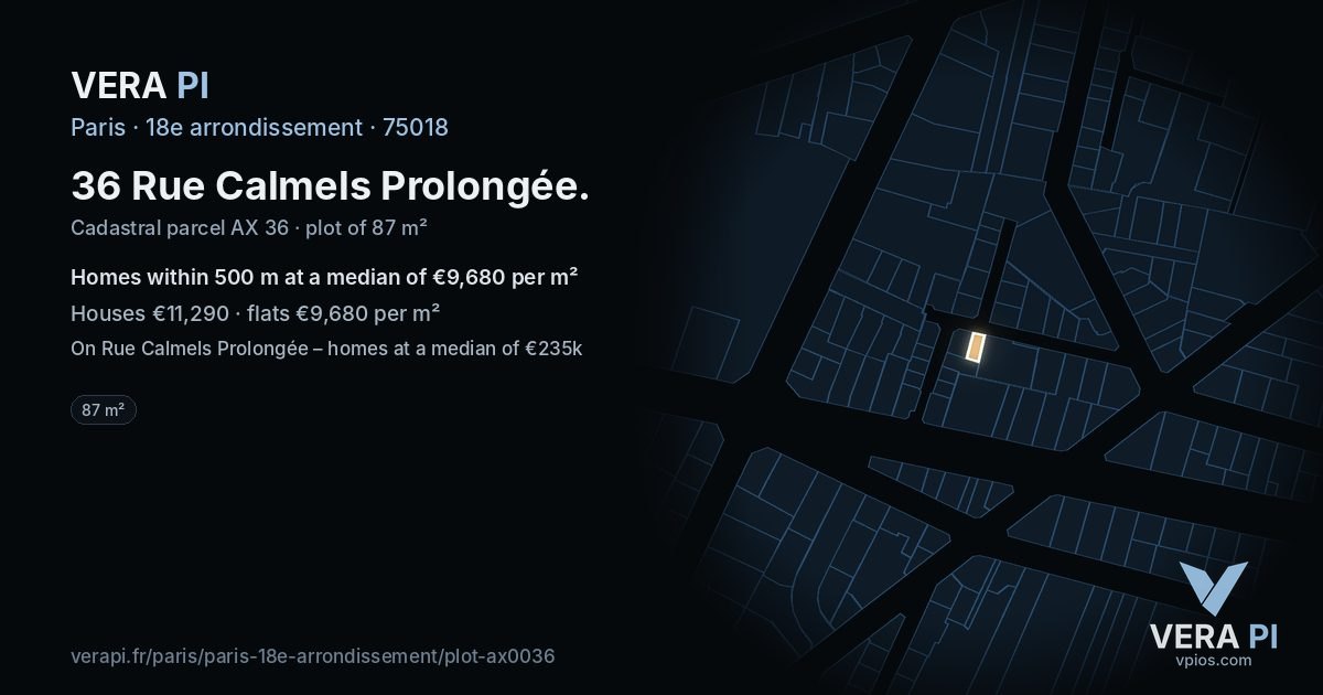 36 Rue Calmels Prolongée, 18e arrondissement at night – the plot lit, the parcels around coloured by the prices near them