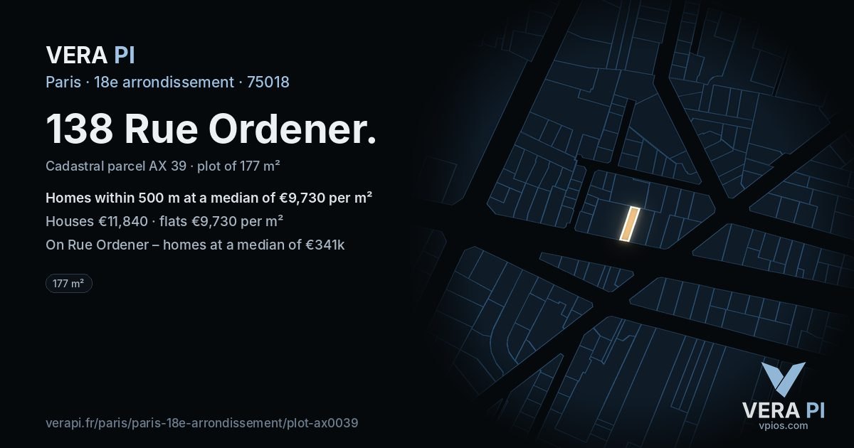 138 Rue Ordener, 18e arrondissement at night – the plot lit, the parcels around coloured by the prices near them