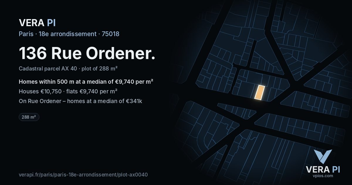136 Rue Ordener, 18e arrondissement at night – the plot lit, the parcels around coloured by the prices near them