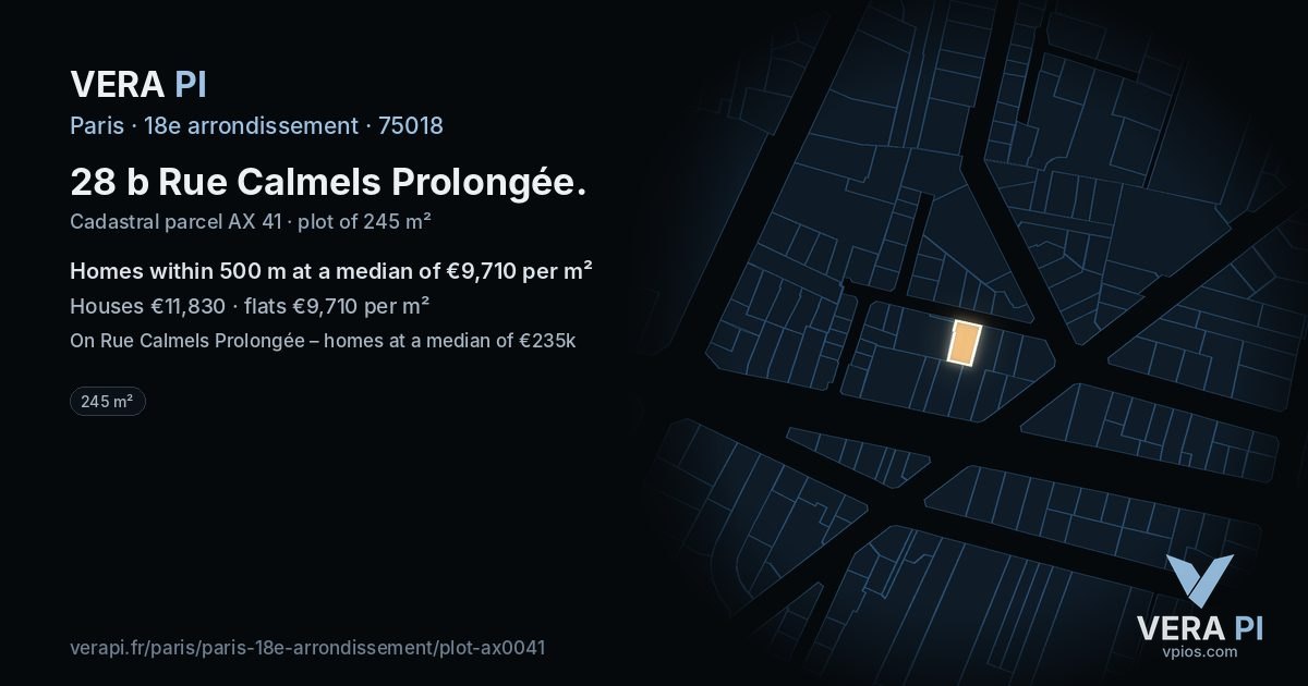 28 b Rue Calmels Prolongée, 18e arrondissement at night – the plot lit, the parcels around coloured by the prices near them