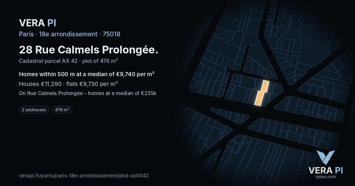 28 Rue Calmels Prolongée, 18e arrondissement at night – the plot lit, the parcels around coloured by the prices near them