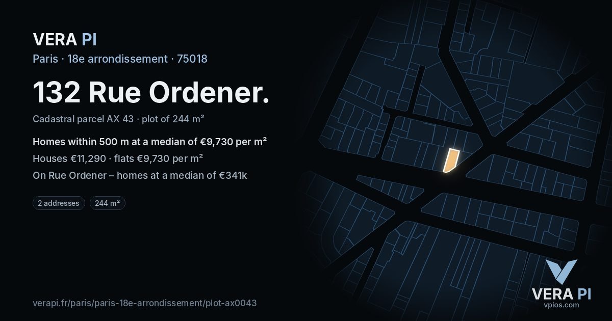 132 Rue Ordener, 18e arrondissement at night – the plot lit, the parcels around coloured by the prices near them