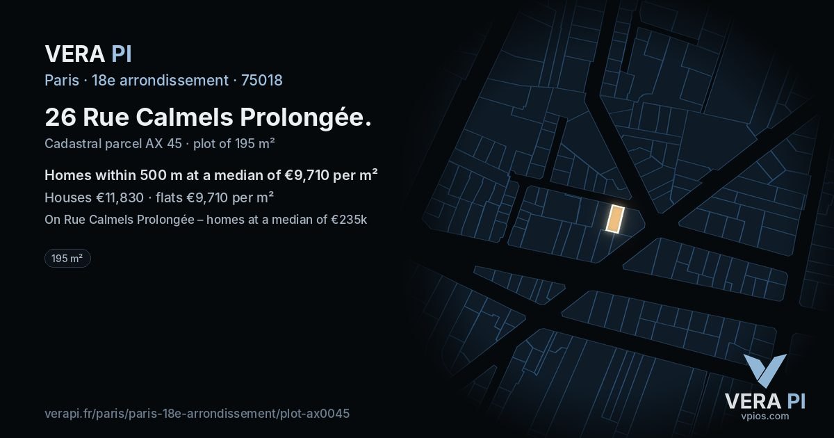 26 Rue Calmels Prolongée, 18e arrondissement at night – the plot lit, the parcels around coloured by the prices near them