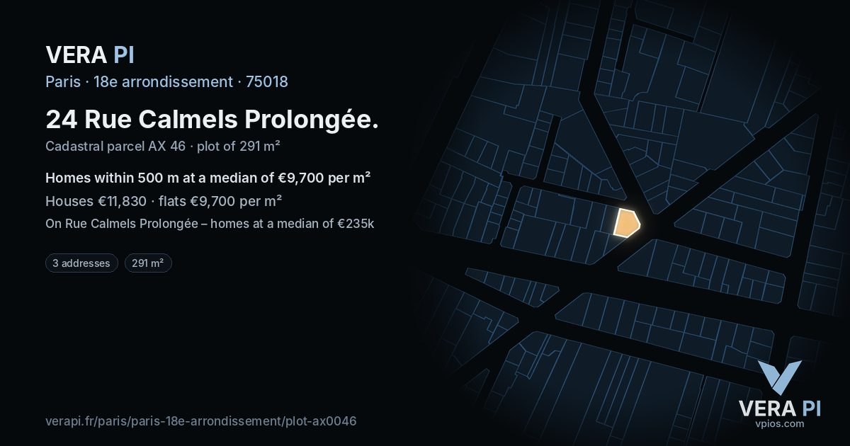 24 Rue Calmels Prolongée, 18e arrondissement at night – the plot lit, the parcels around coloured by the prices near them