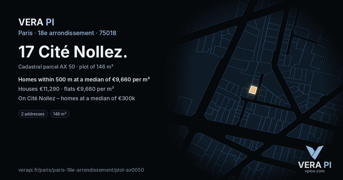 17 Cité Nollez, 18e arrondissement at night – the plot lit, the parcels around coloured by the prices near them