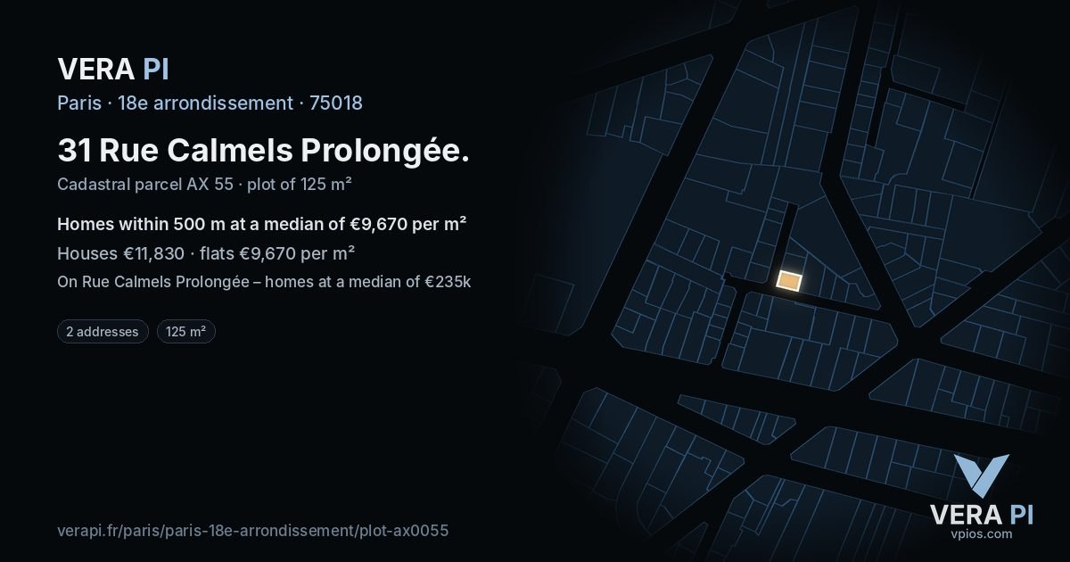 31 Rue Calmels Prolongée, 18e arrondissement at night – the plot lit, the parcels around coloured by the prices near them