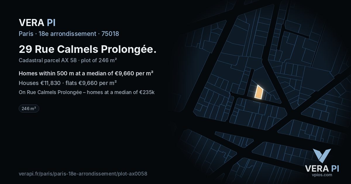 29 Rue Calmels Prolongée, 18e arrondissement at night – the plot lit, the parcels around coloured by the prices near them